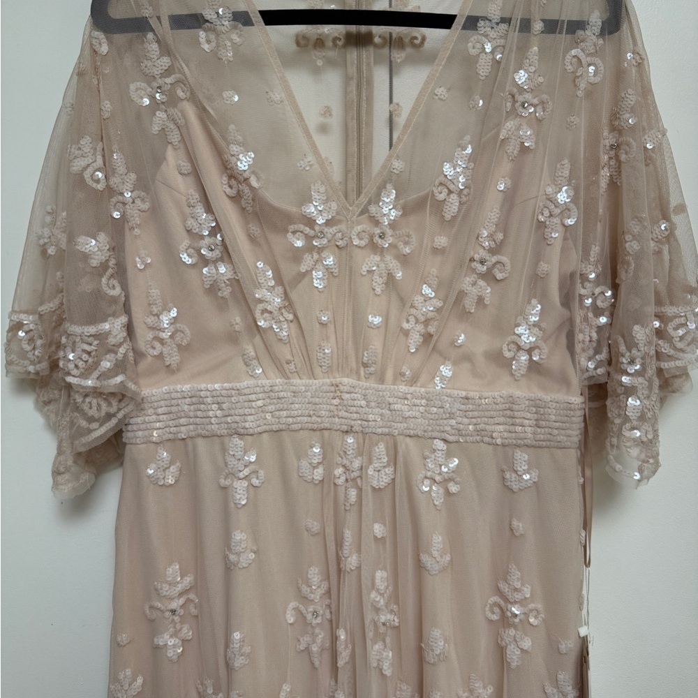 NWOT | Mac Duggal 9144 Pink/Blush Flounce Sleeve Embellished Mesh Gown Size 10 - Picture 5 of 15